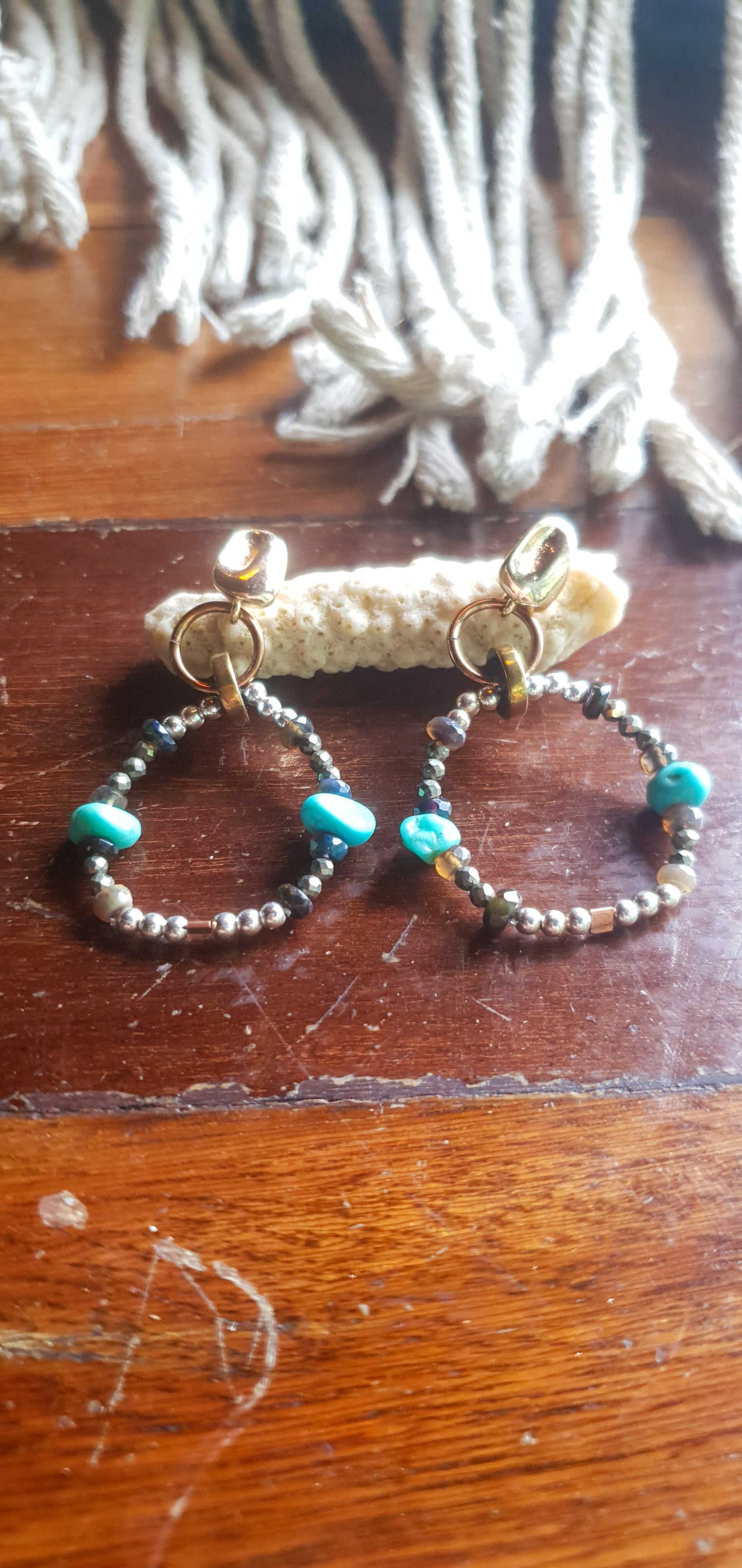 Turquoise, Opal, Pyrite & Silver beaded Hoop Earrings