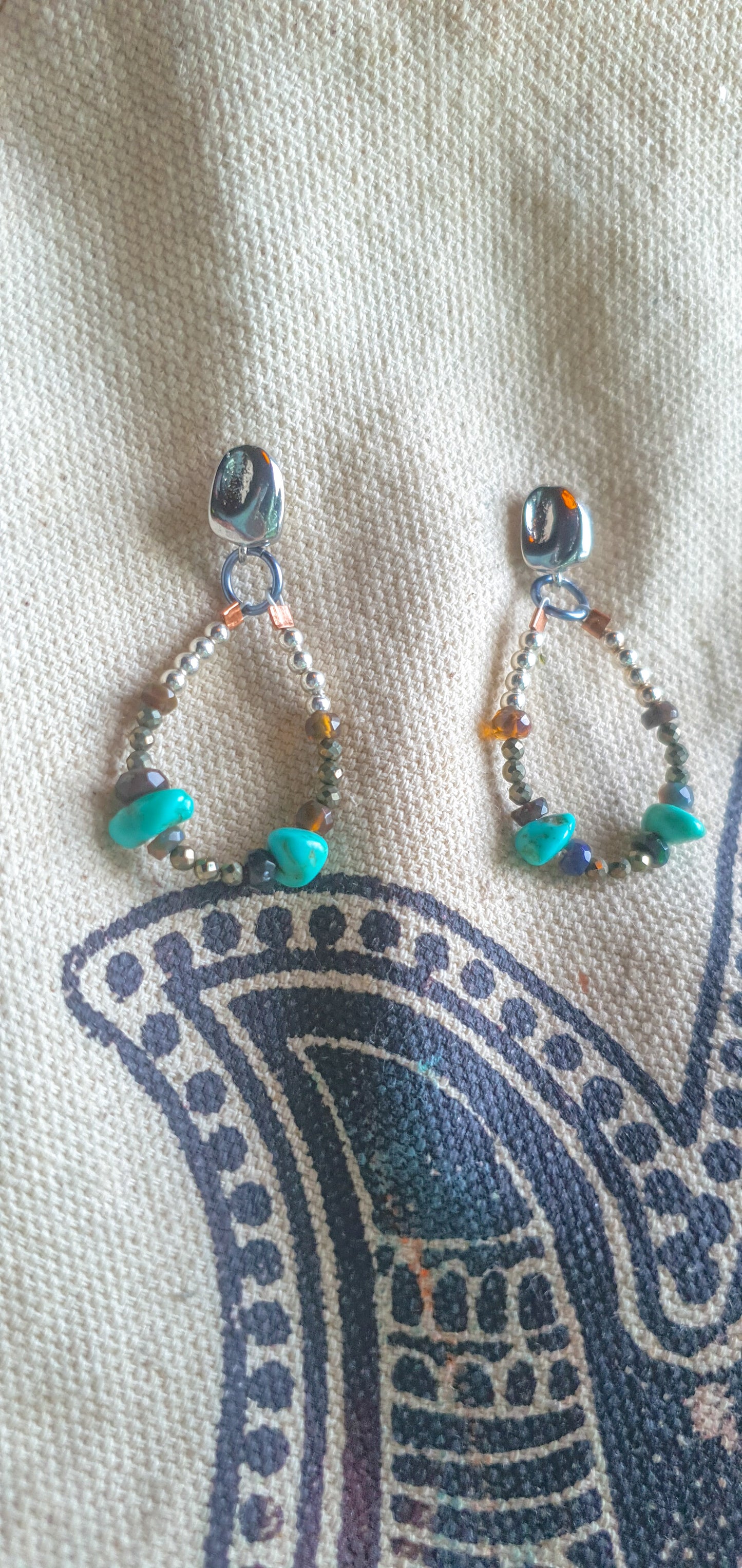 Turquoise, Black Opal & Pyrite Hoop Earrings