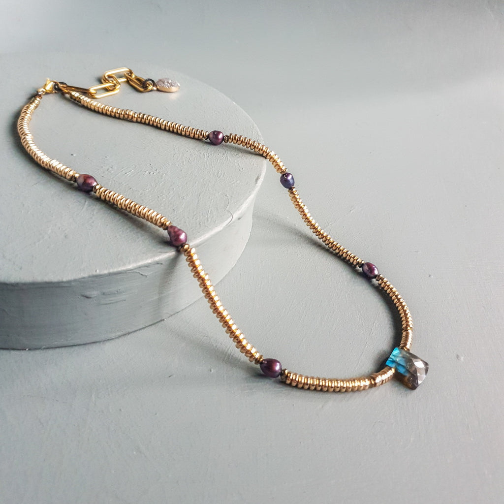 Labradorite, Baroque Pearl & Golden Hematite Necklace II